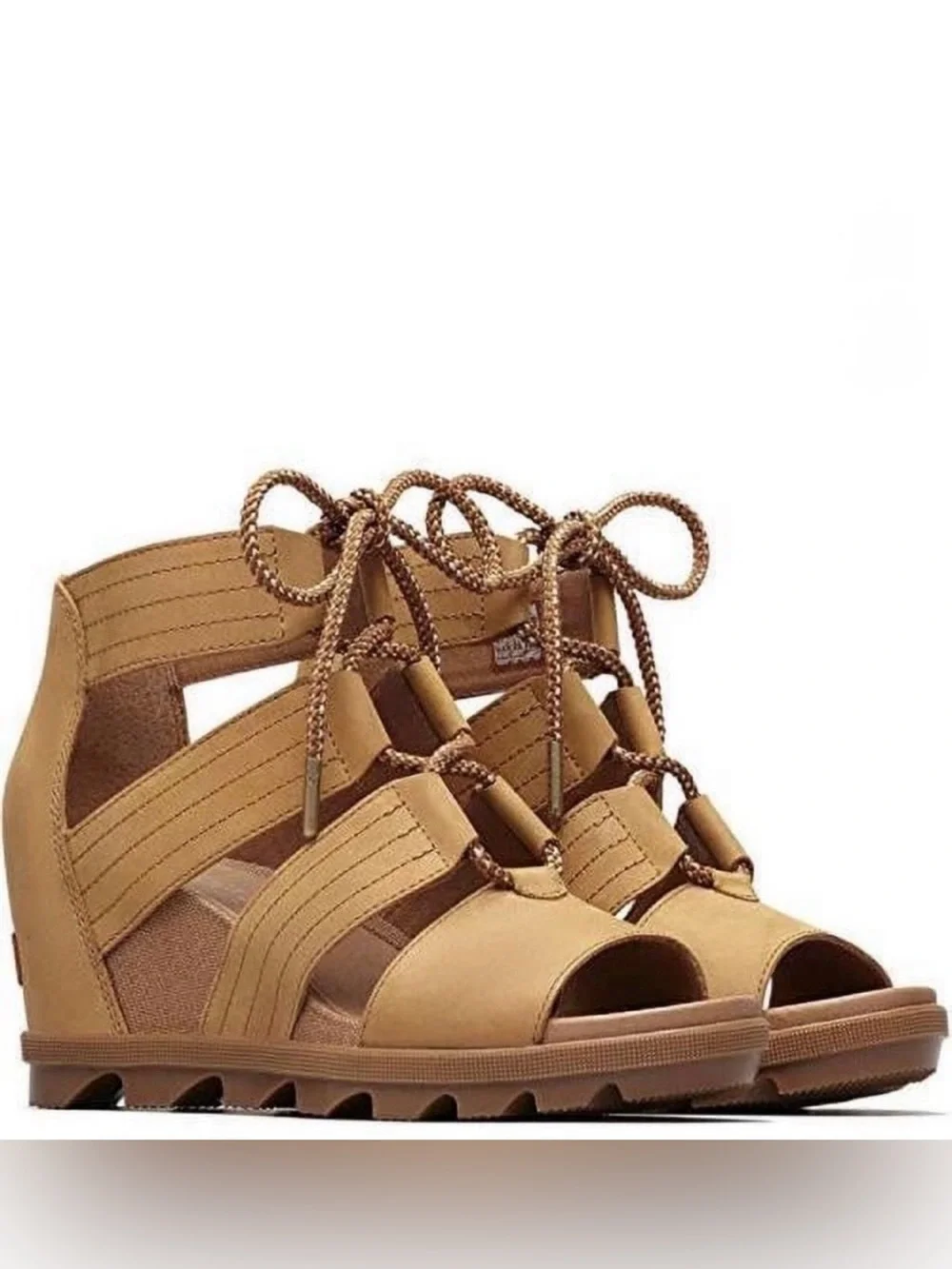 Sorel Tan Leather Joanie Il Lace Up Ankle Wedge Heel Strappy Sandals Size 9